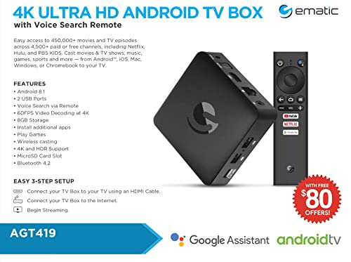 Ematic Caja de TV Android 4K Ultra HD con Chromecast incorporado + Netflix. Wi-Fi de doble banda (802.11AC) Modelo: AGT419