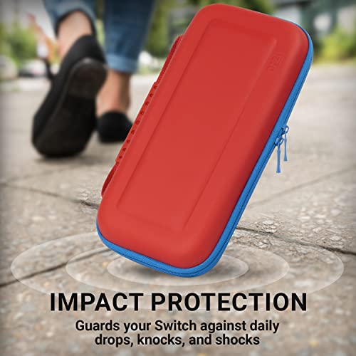 Estuche de Viaje portátil Resistente Marca Orzly Compatible con Nintendo Switch OLED y Switch Original Color Rojo/Azul neón con múltiple almacenaje para Juegos y Accesorios - edición Caja Regalo