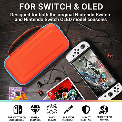 Estuche de Viaje portátil Resistente Marca Orzly Compatible con Nintendo Switch OLED y Switch Original Color Rojo/Azul neón con múltiple almacenaje para Juegos y Accesorios - edición Caja Regalo